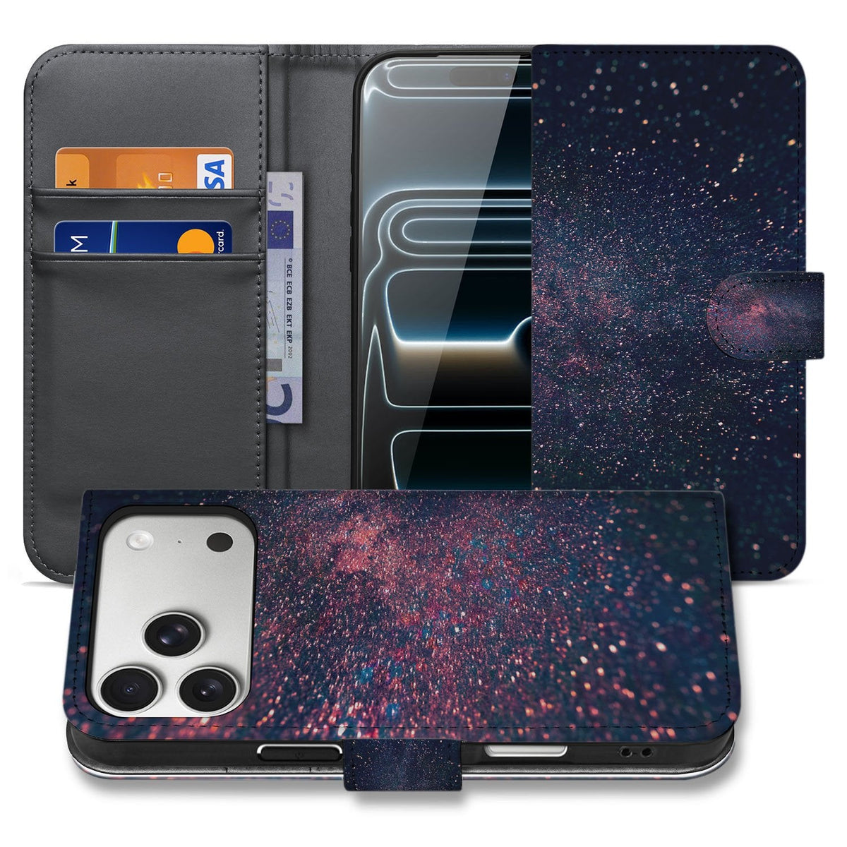 iPhone 18 Pro wallet hoesje Stars, overzicht met open en dichte klep