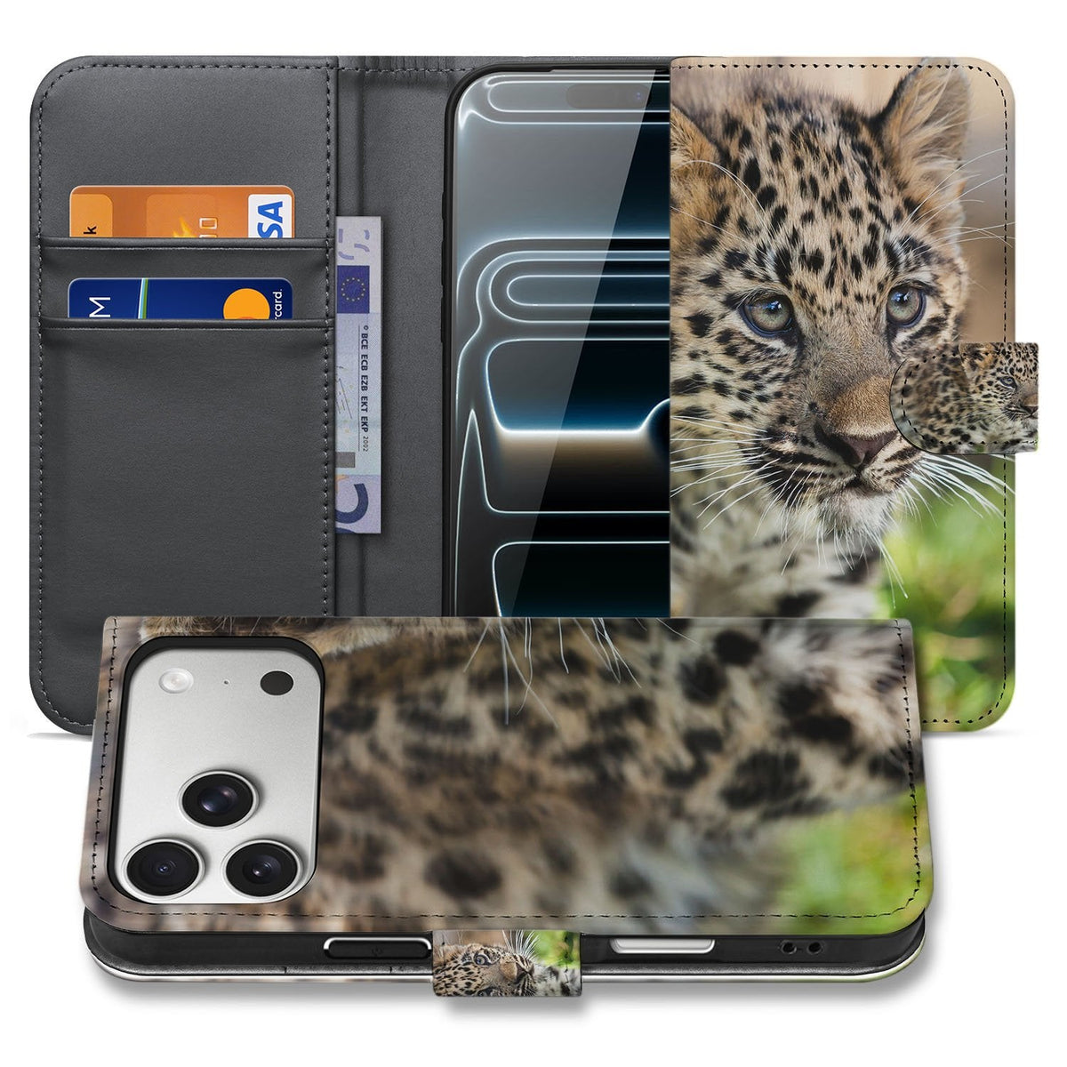 iPhone 18 Pro wallet hoesje Baby Luipaard open en dicht, met het luipaardje op de voorflap