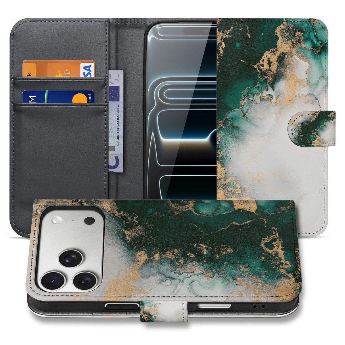 iPhone 18 Pro wallet hoesje Marmer Groen, open en gesloten naast elkaar met groen marmerpatroon