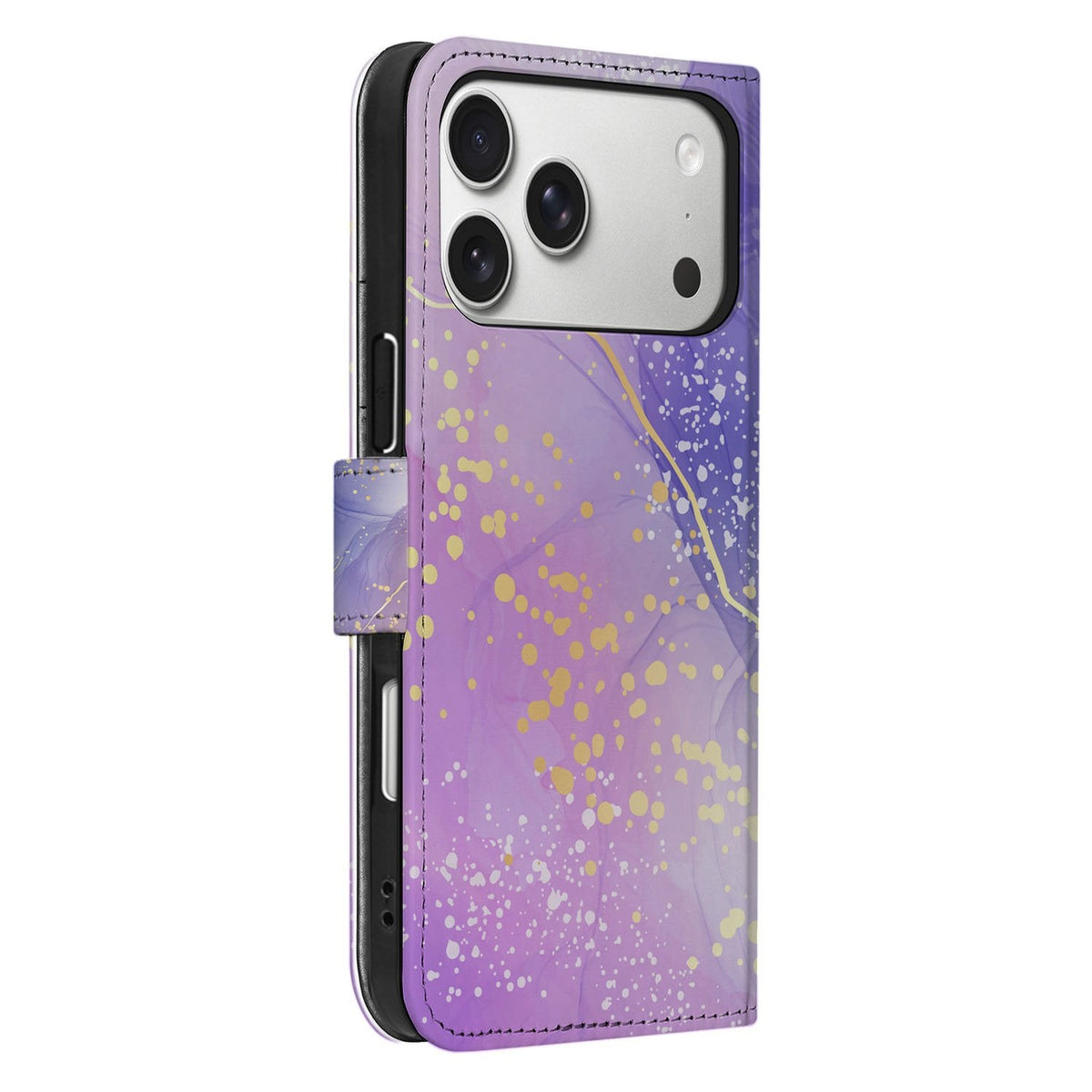 Zijaanzicht van het dichte Watercolor Paars klaphoesje voor de iPhone 18 Pro, kunstleer buiten