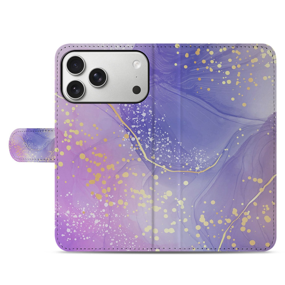 Gesloten voorkant van de Watercolor Paars bookcase voor iPhone 18 Pro met vloeiende paarse tinten