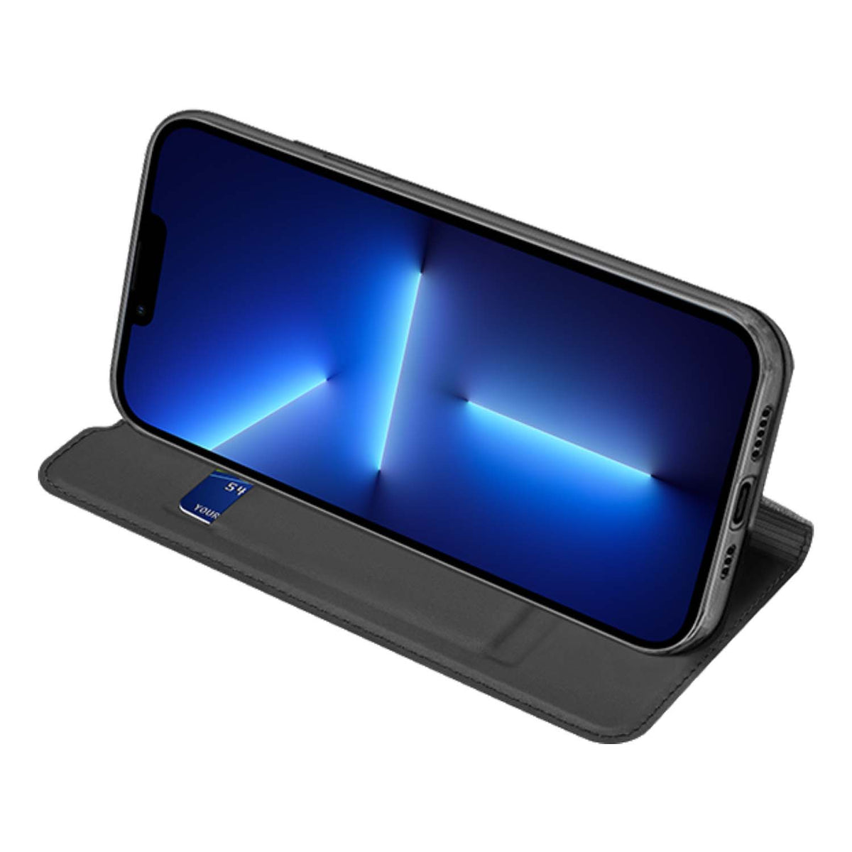 Klep omgevouwen als standaard, iPhone 13 Pro Max liggend in een standcase zonder ontwerp