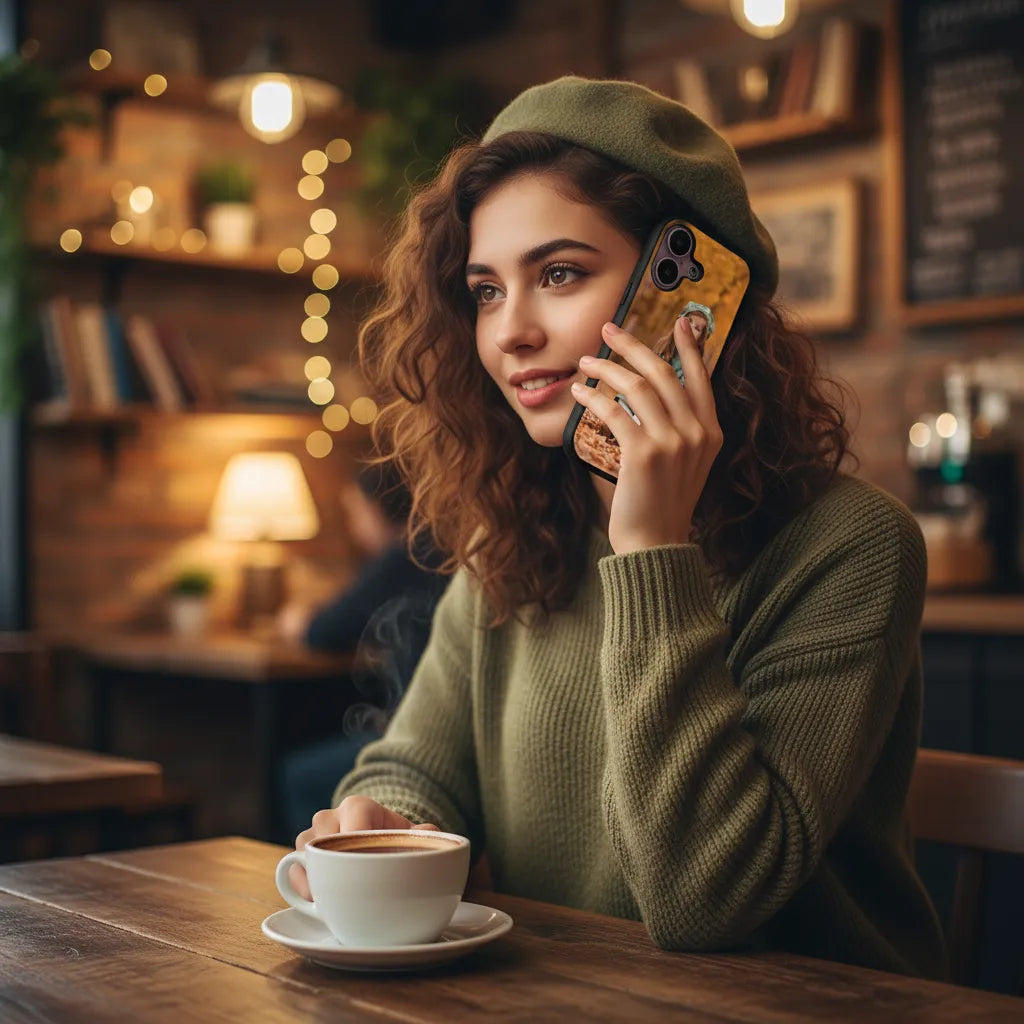 iPhone 17 Back Cover Hoesje Maken met Foto Luxe Kunstleer meisje groene kleding herfst | Productafbeelding 5