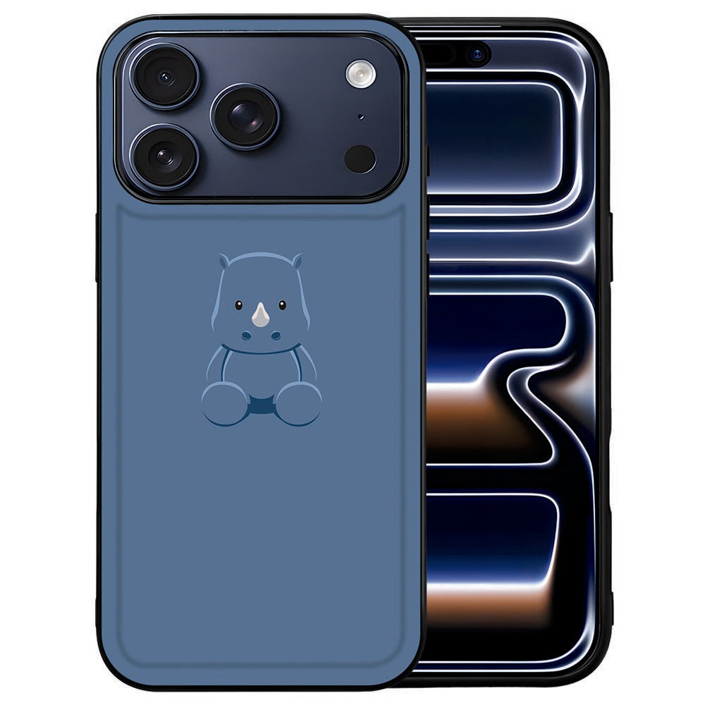 Blauwe neushoorn-illustratie op de achterkant van het iPhone 18 Pro hoesje Baby Rhino