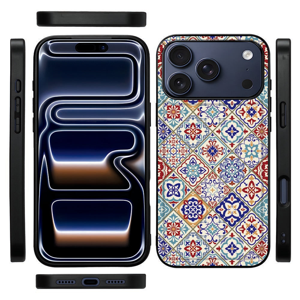 Zwarte rand van het Tiles Color Back Cover hoesje voor de iPhone 18 Pro, zijaanzicht