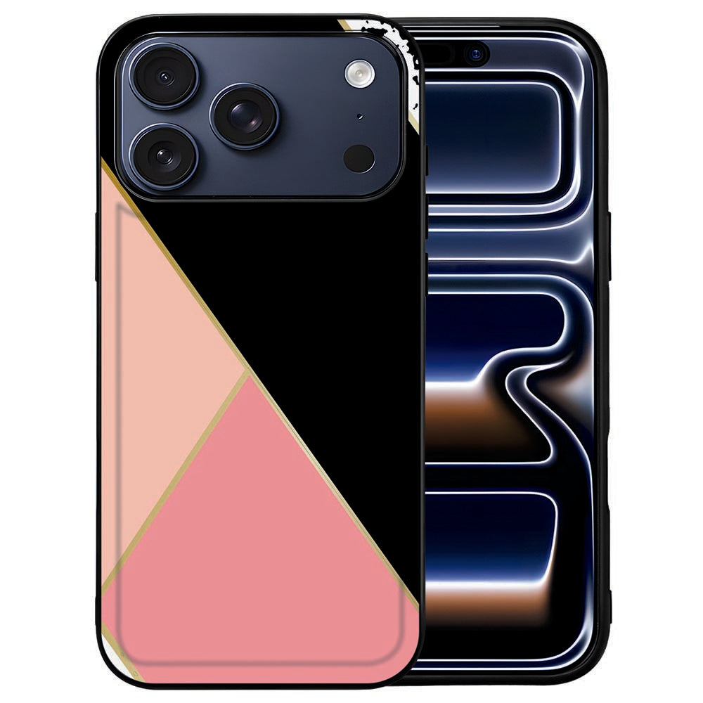 Achterkant van het iPhone 18 Pro hoesje Black Pink Shapes met roze en zwarte vormen op kunstleer