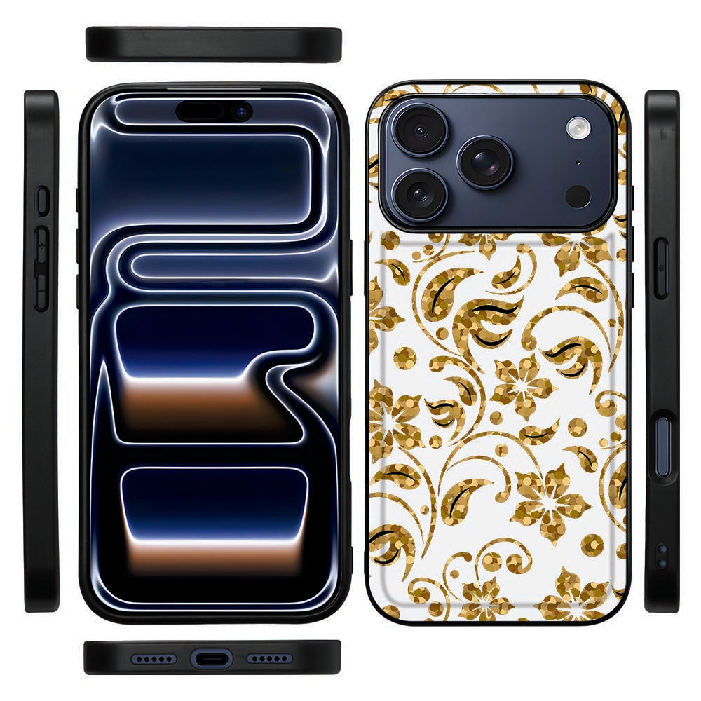 Zijkant van de Gouden Bloemen backcover voor iPhone 18 Pro met zwarte TPU-rand