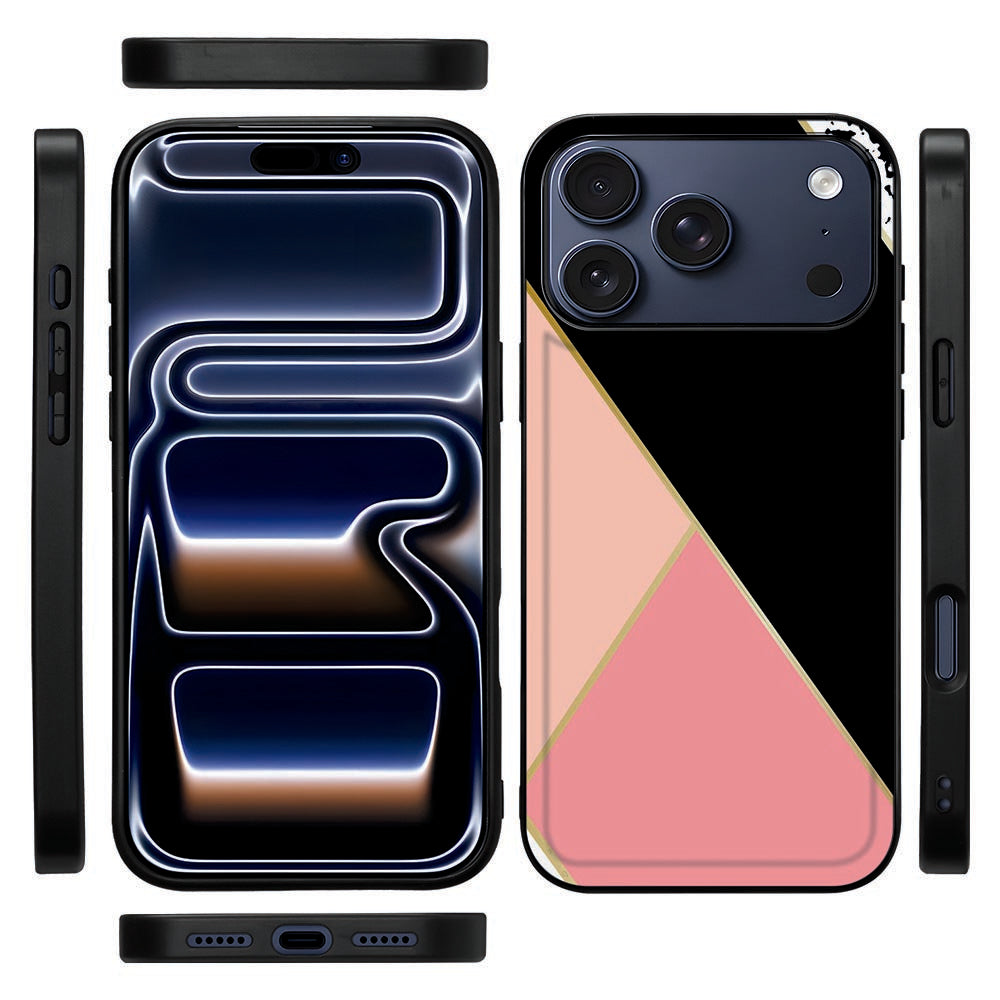 Zijaanzicht van de Black Pink Shapes back cover voor de iPhone 18 Pro met dunne zwarte rand