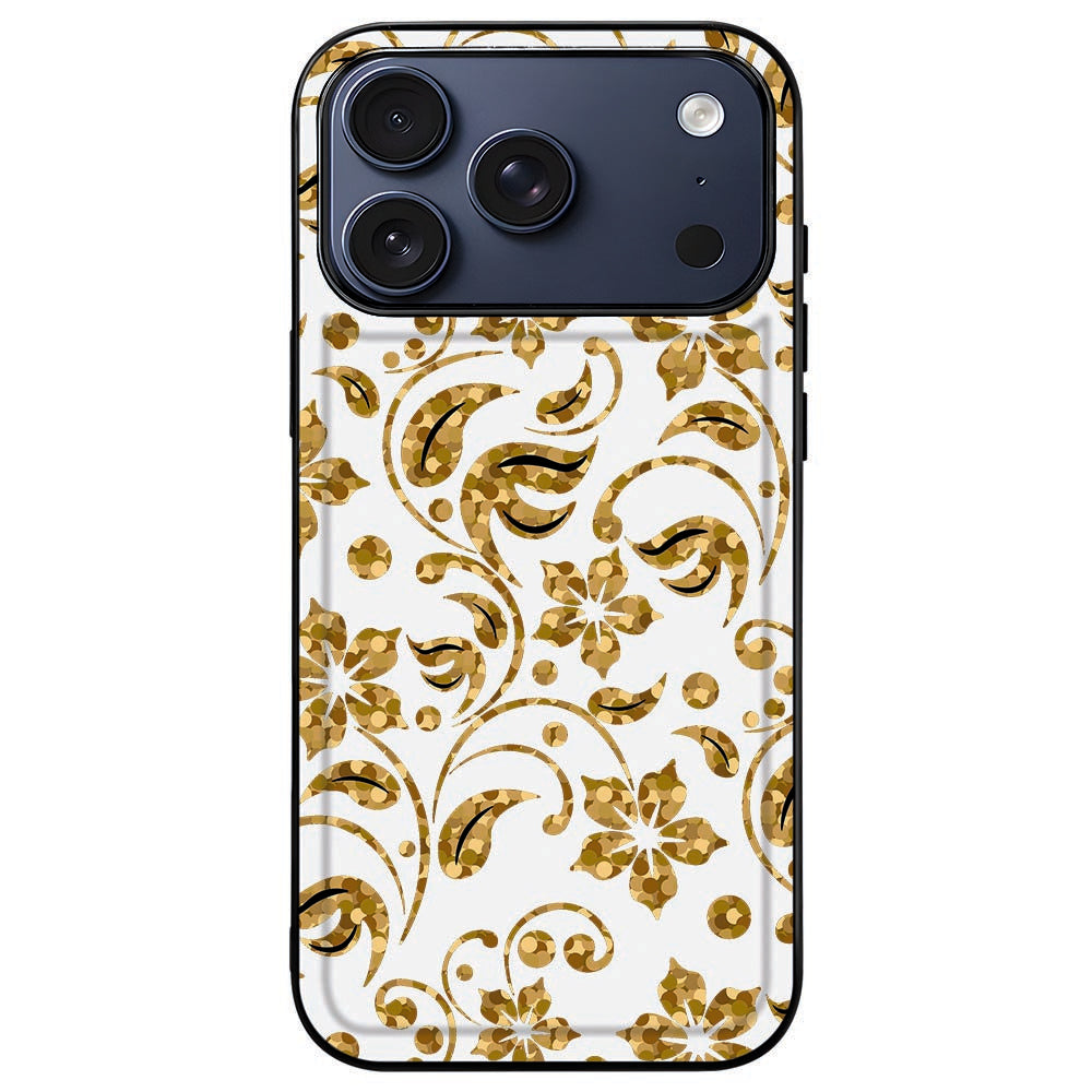 iPhone 18 Pro in het Gouden Bloemen hoesje, camera-eiland vrij binnen de zwarte rand