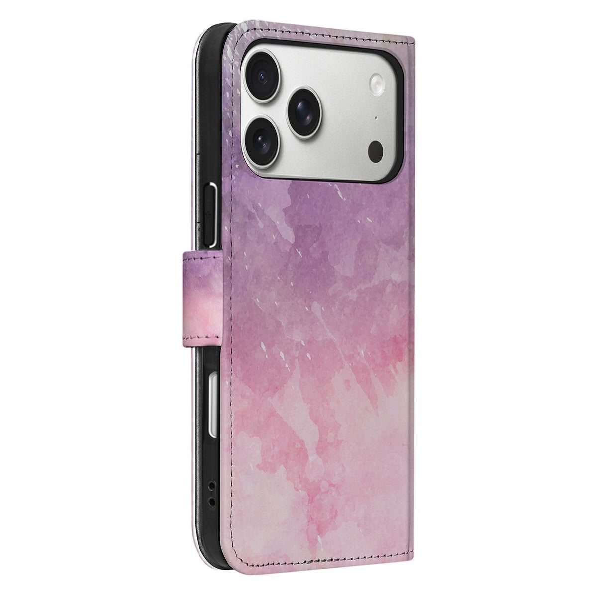 Zijaanzicht van het Pink Purple Paint boekhoesje met pasjes voor de iPhone 18 Pro