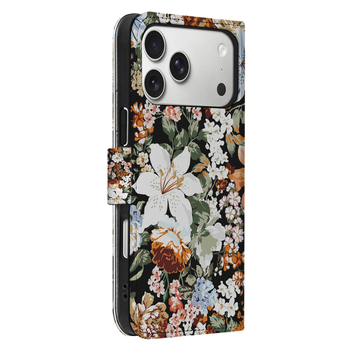 Zijaanzicht van de iPhone 18 Pro Dark Flowers bookcase met kunstleren klep