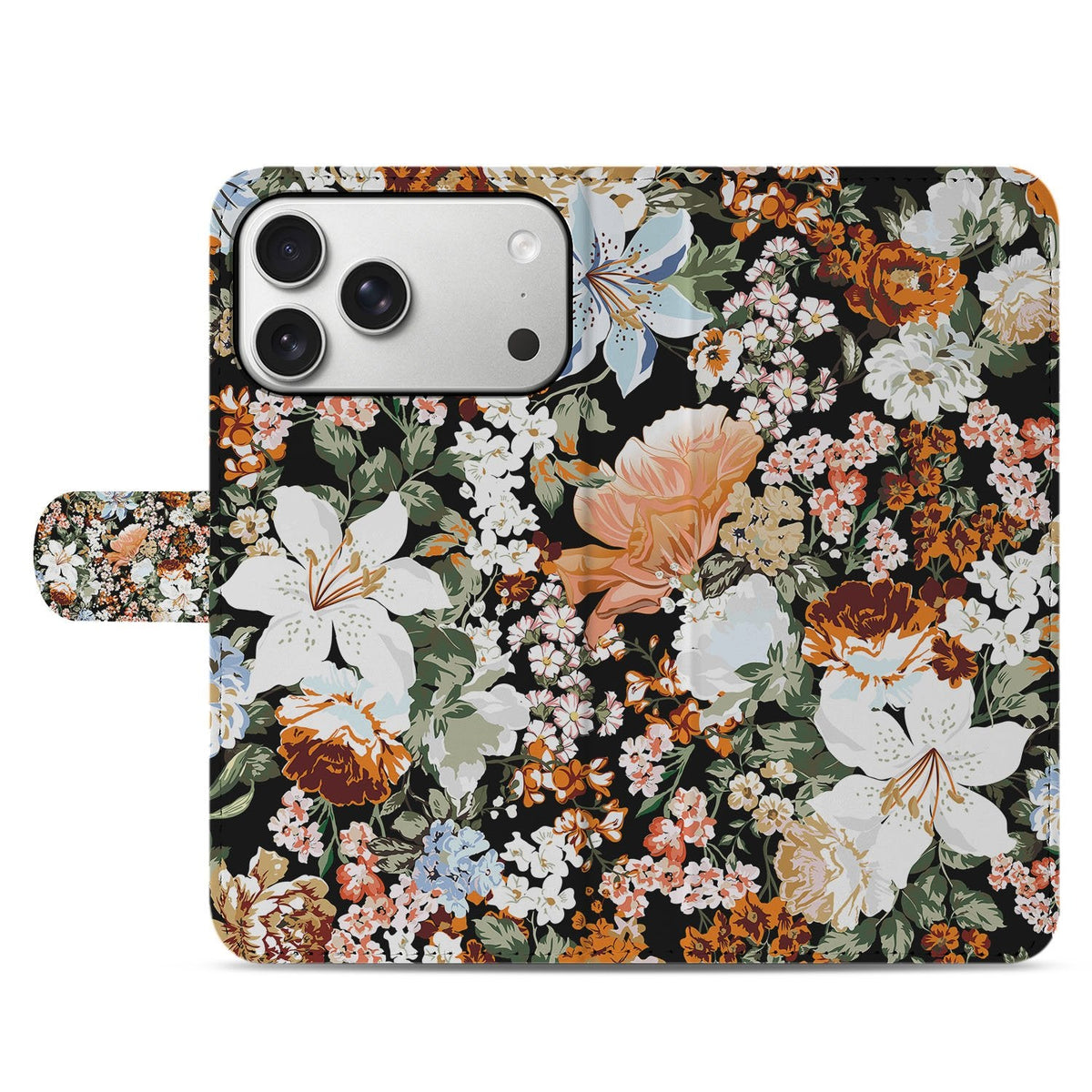 Voorkant van het gesloten Dark Flowers bookcase hoesje voor de iPhone 18 Pro