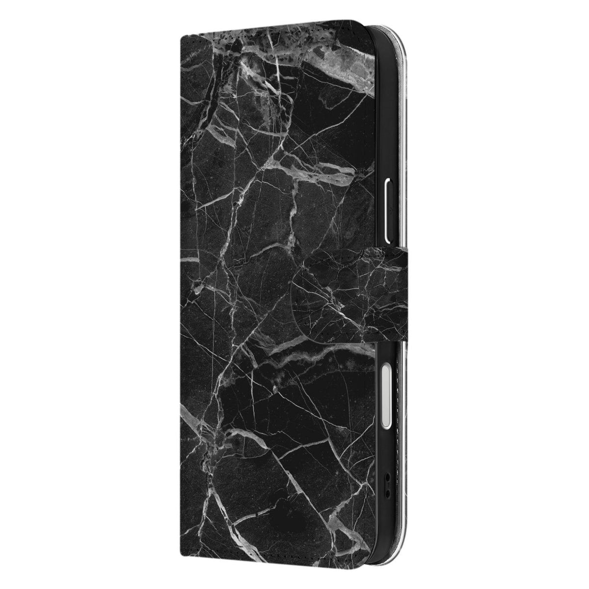 Zijkant van het iPhone 18 Pro Marmer Zwart Bookcase hoesje met sluitlip