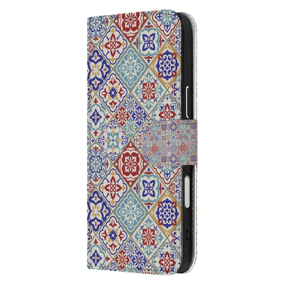 Zijkant van het iPhone 18 Pro bookcase hoesje Tiles Color met de magnetische sluitlip