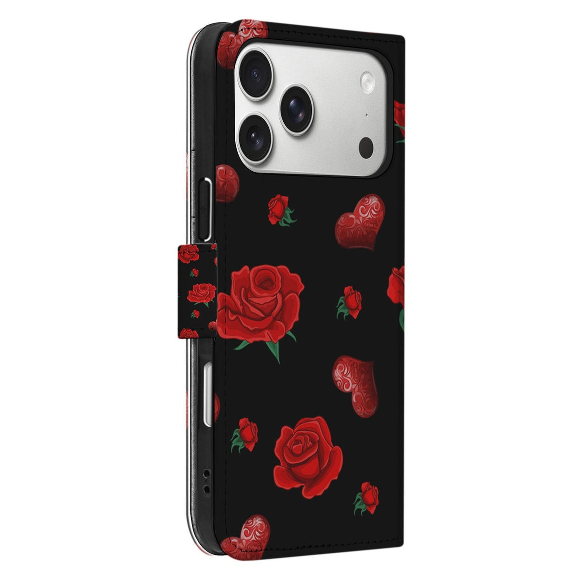 Zijaanzicht Valentine klaphoesje iPhone 18 Pro met zwarte TPU-houder