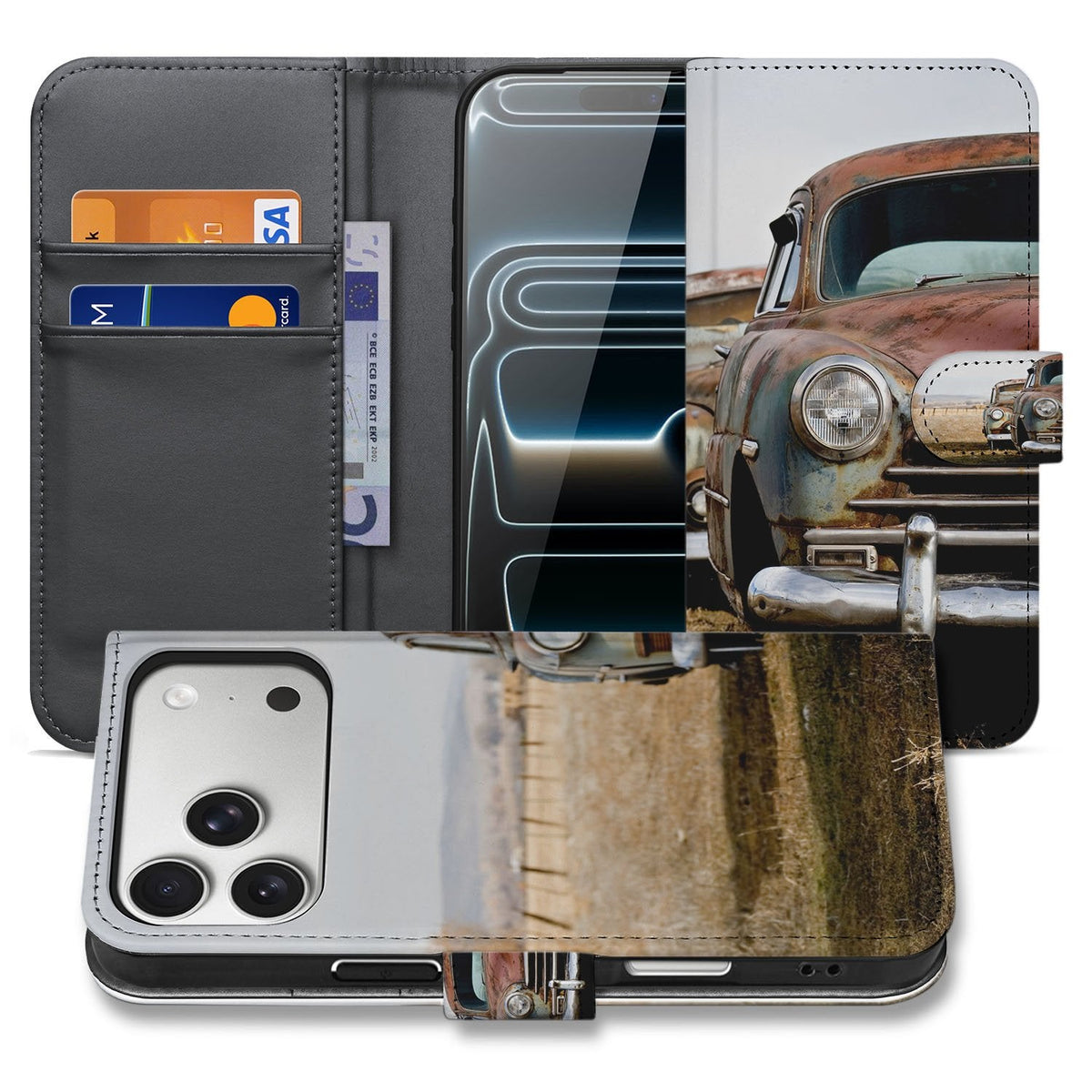 iPhone 18 Pro bookcase hoesje Vintage Auto, open en gesloten naast elkaar