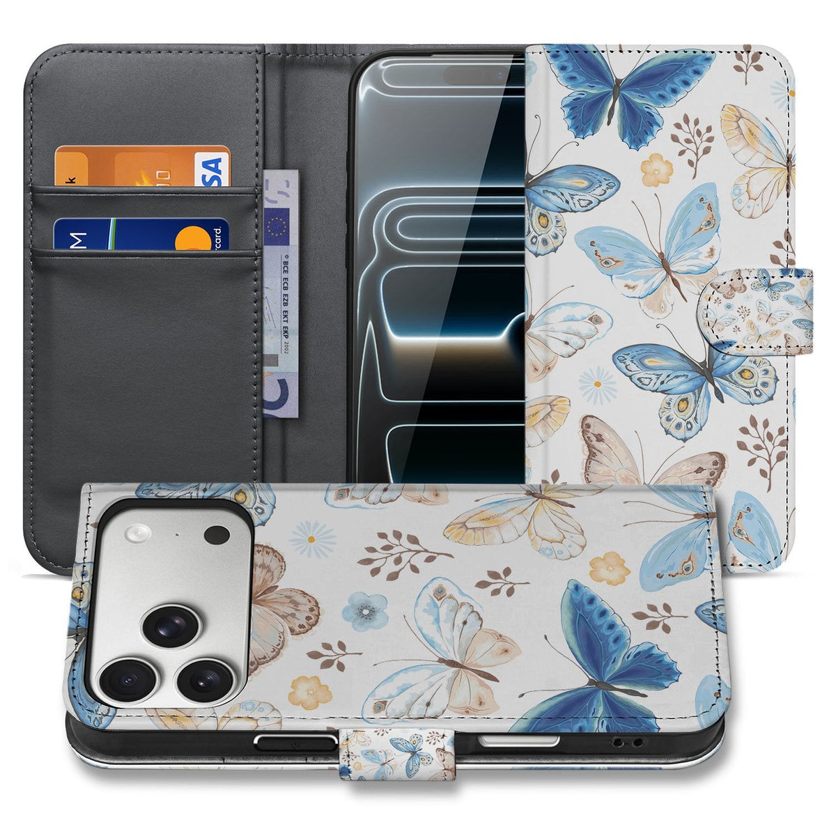 iPhone 18 Pro Bookcase hoesje Vlinder open en dicht naast elkaar, blauw-witte vlinderprint
