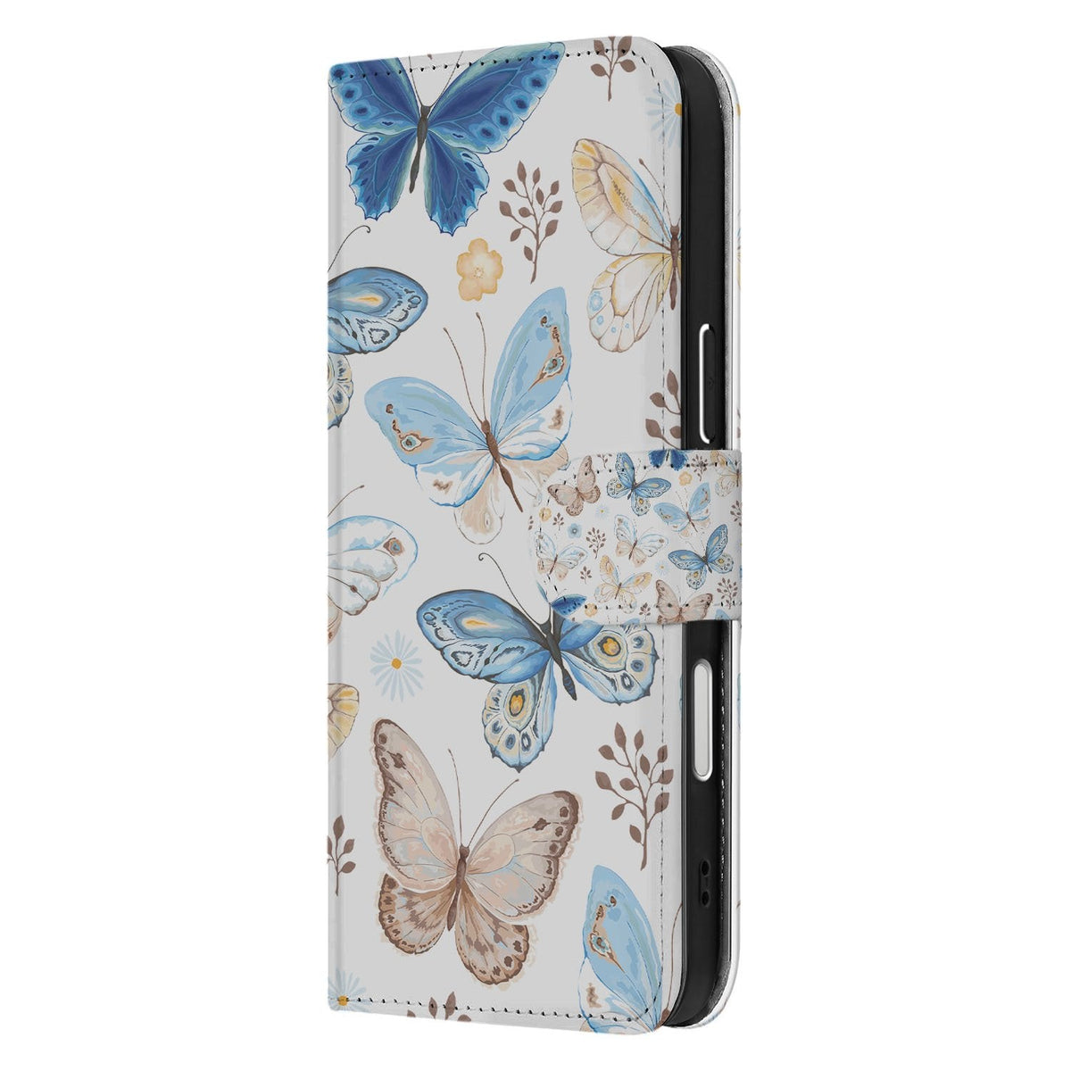 Zijkant van de Vlinder bookcase voor iPhone 18 Pro met magnetische sluitlip en bruine accenten