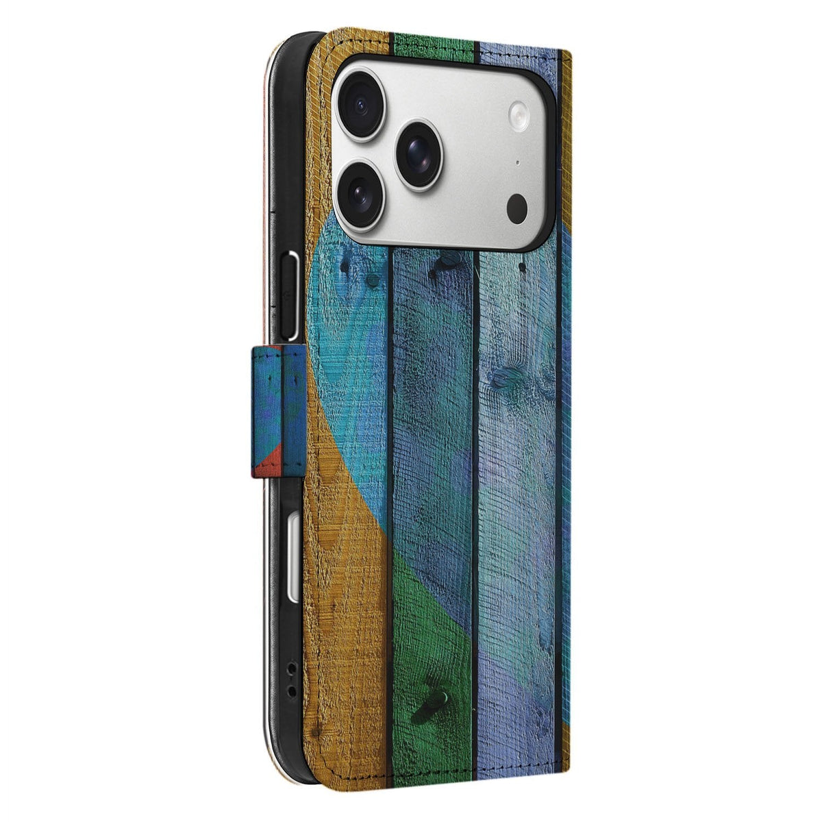 Zijaanzicht van de iPhone 18 Pro bookcase Wood Heart met houtprint