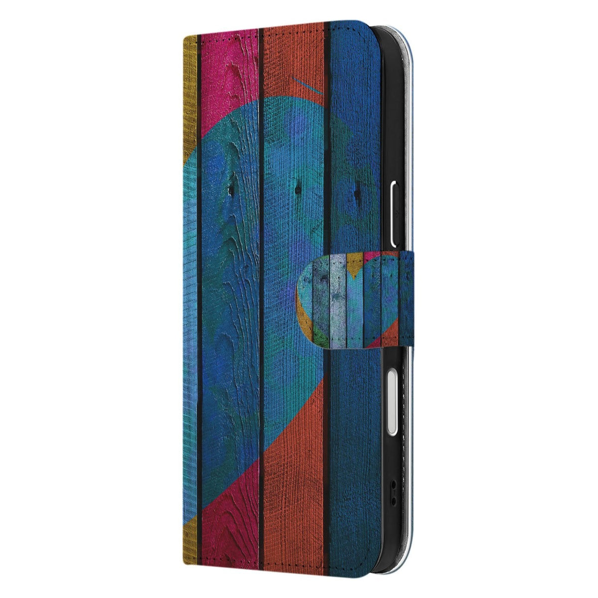 Zijkant van het Wood Heart bookcase hoesje iPhone 18 Pro met sluitlip