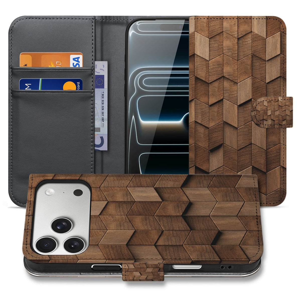 iPhone 18 Pro bookcase Wooden Cubes open en dicht naast elkaar met bruin kubuspatroon