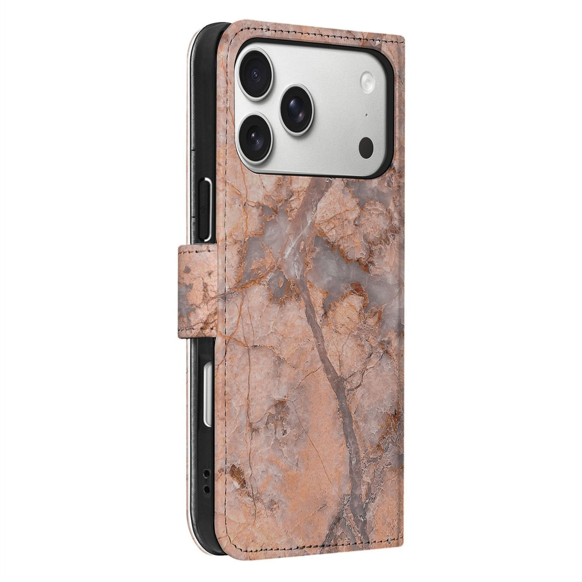 Zijaanzicht van het Marmer Oranje klaphoesje voor iPhone 18 Pro