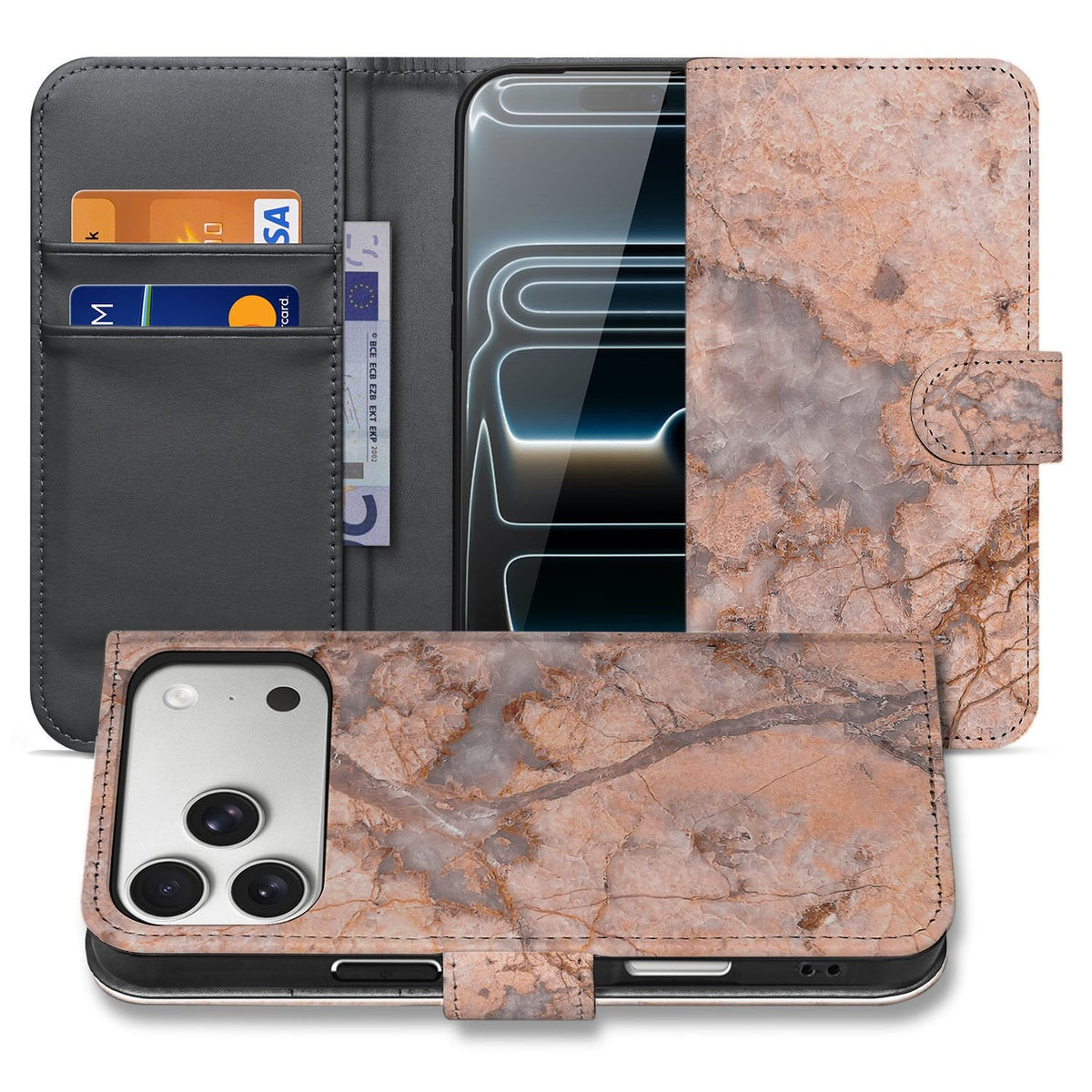 Bookcase iPhone 18 Pro Marmer Oranje, overzicht met hoesje open en dicht