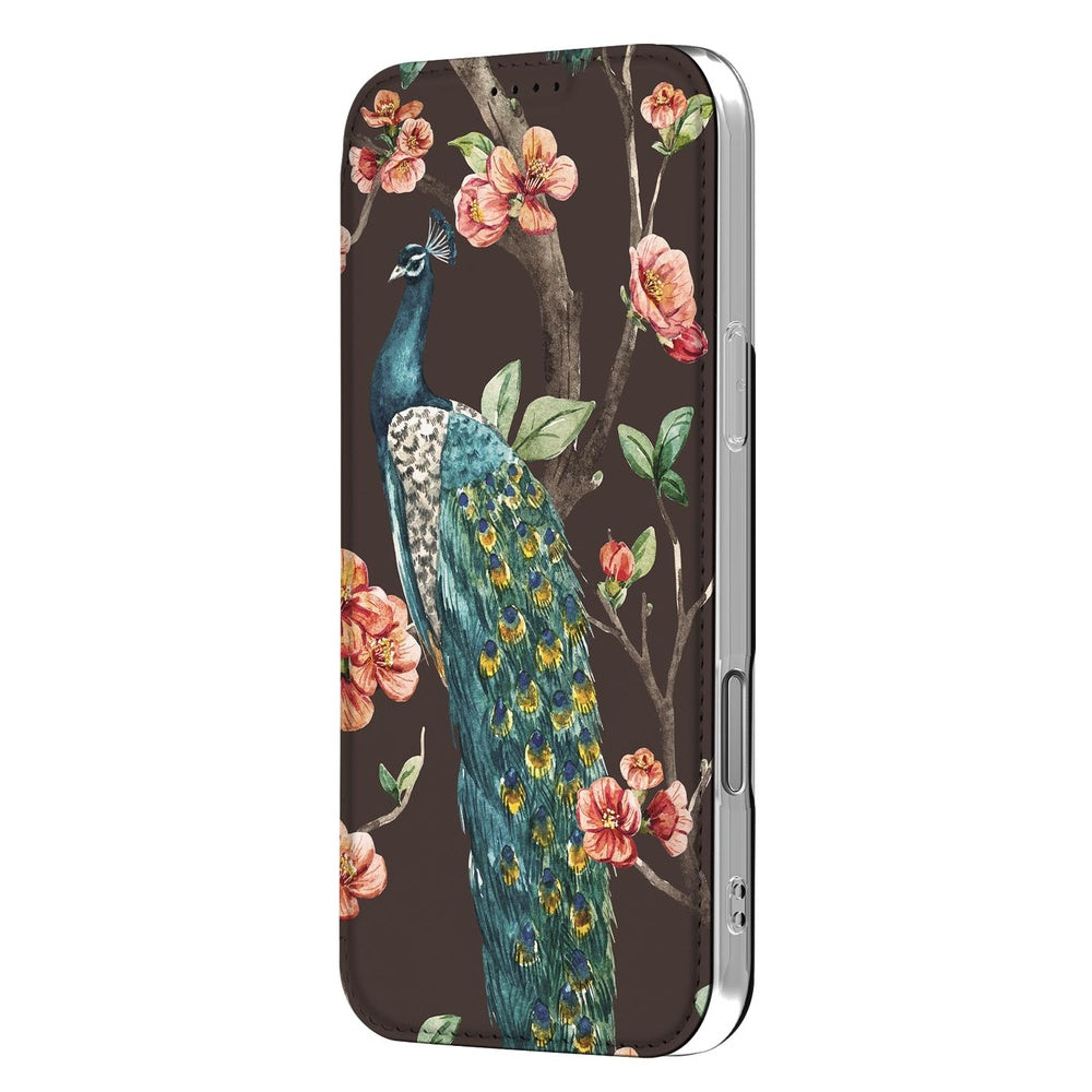 Apple iPhone 18 Pro Book Cover Pauw met Bloemen zijzicht bloemen pauw