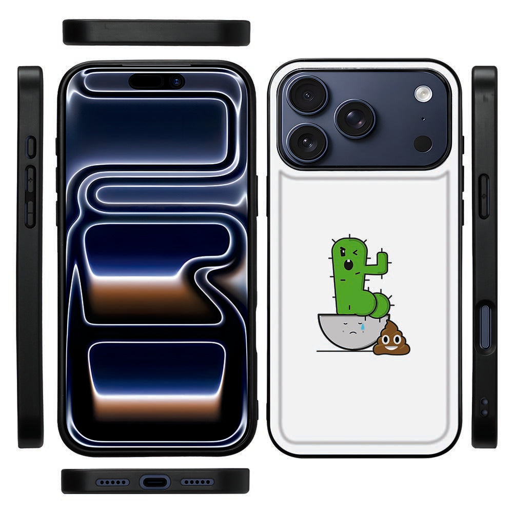 Zijaanzicht van het Cactus Poo hoesje voor iPhone 18 Pro met zwarte flexibele rand