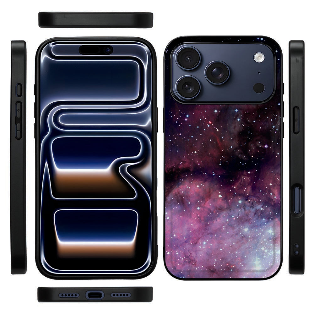 Galaxy back cover voor iPhone 18 Pro van opzij, met de zwarte flexibele TPU-rand