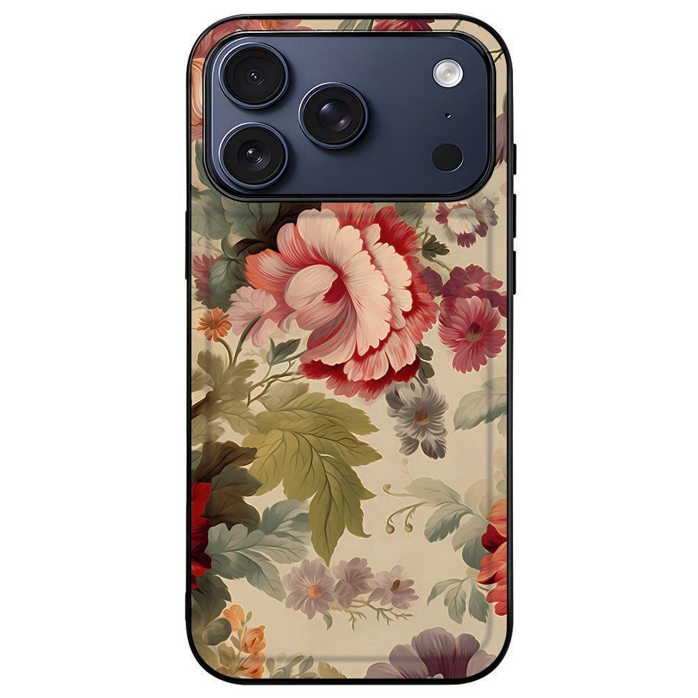 iPhone 18 Pro in het Bloemen hoesje met de zwarte rand rondom het camera-eiland