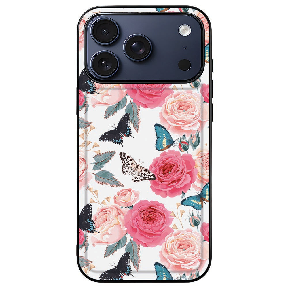 iPhone 18 Pro met Butterfly Roses back cover, de rand ligt hoger dan het camera-eiland