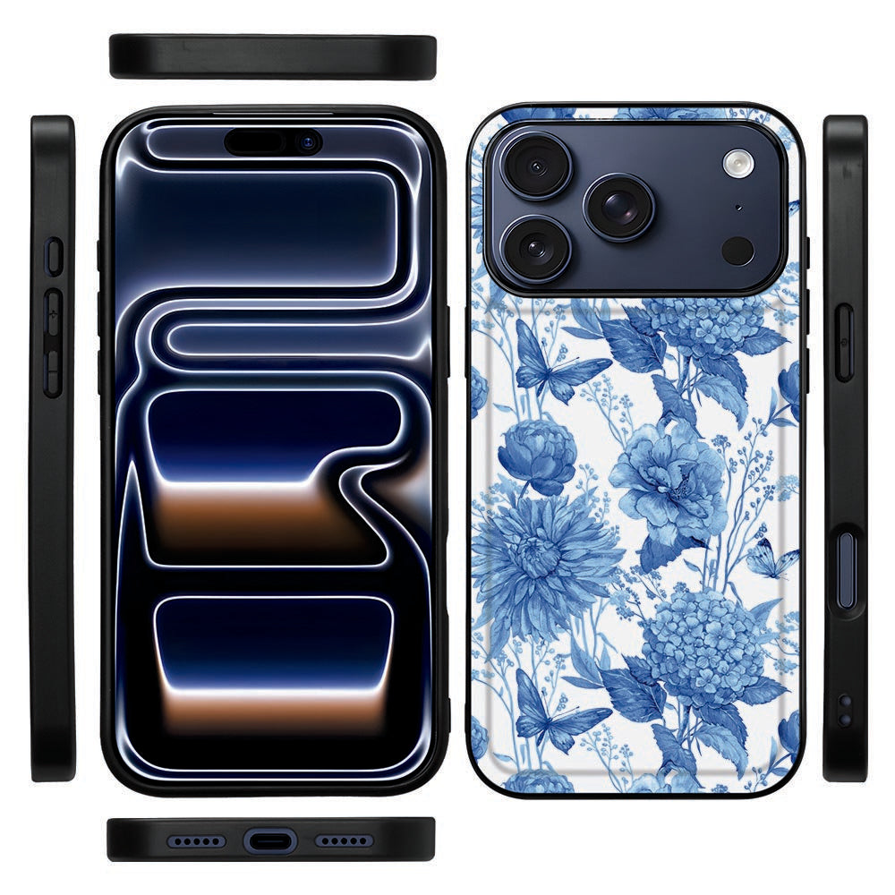Zwarte TPU-rand van de Flowers Blue back cover voor iPhone 18 Pro, gezien van opzij