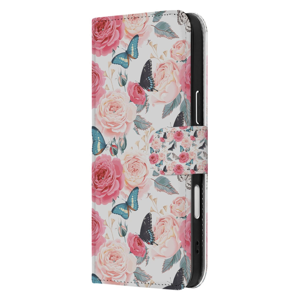 Zijkant van het roze Butterfly Roses klaphoesje voor de iPhone 18 Pro