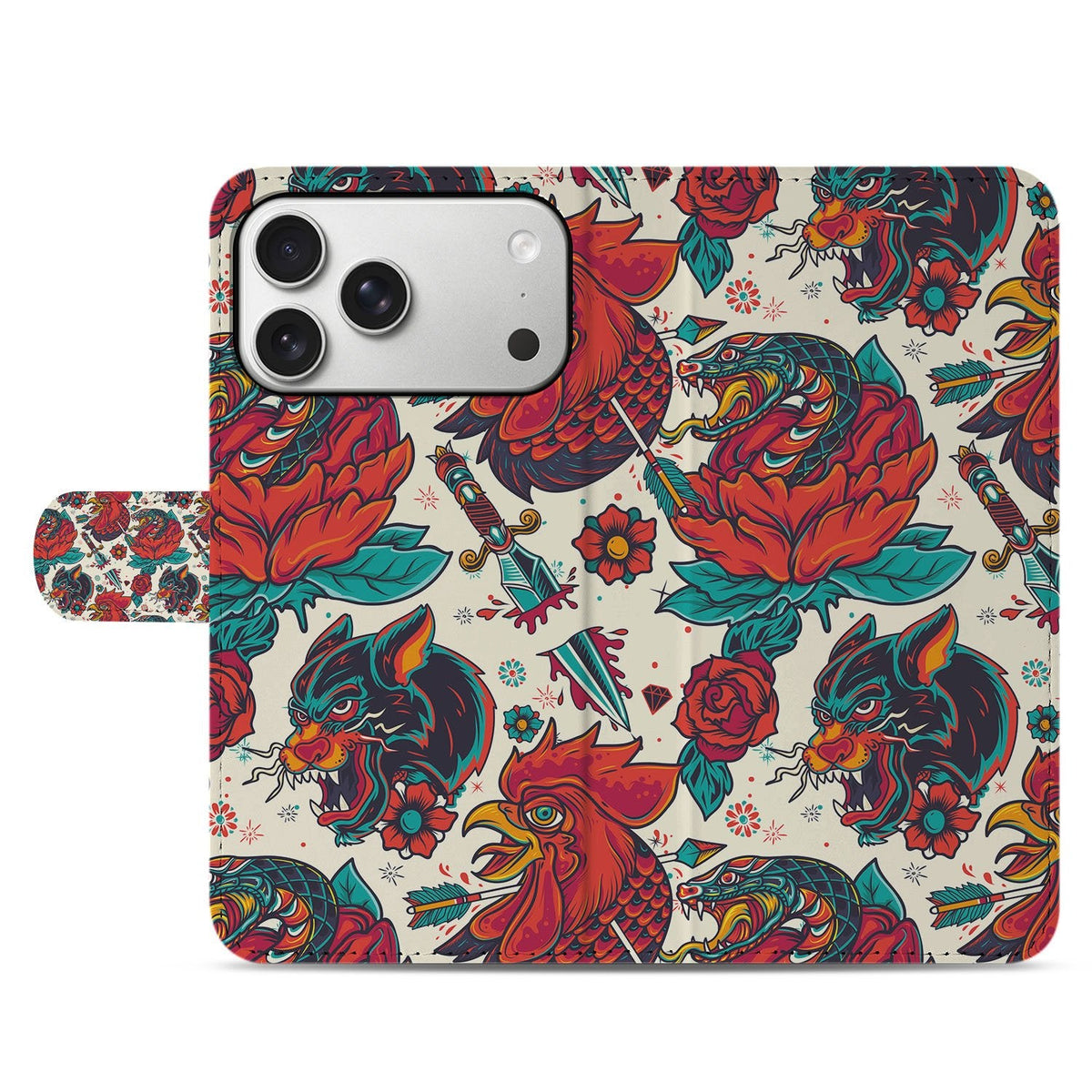 Voorkant van de gesloten Old Skool bookcase voor de iPhone 18 Pro met retro print
