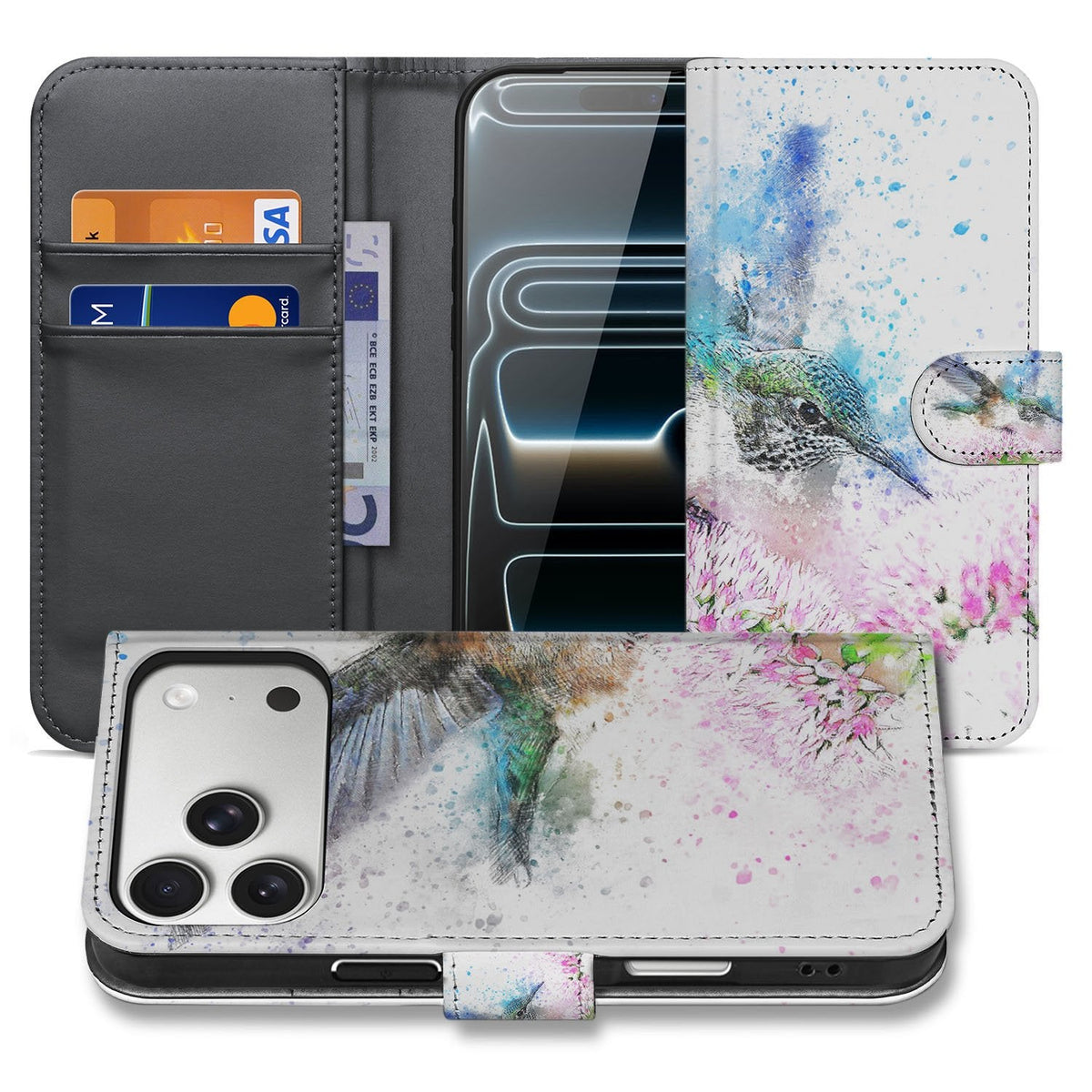 iPhone 18 Pro hoesje met pasjeshouder Vogel, open en dicht met de aquarelprint in beeld