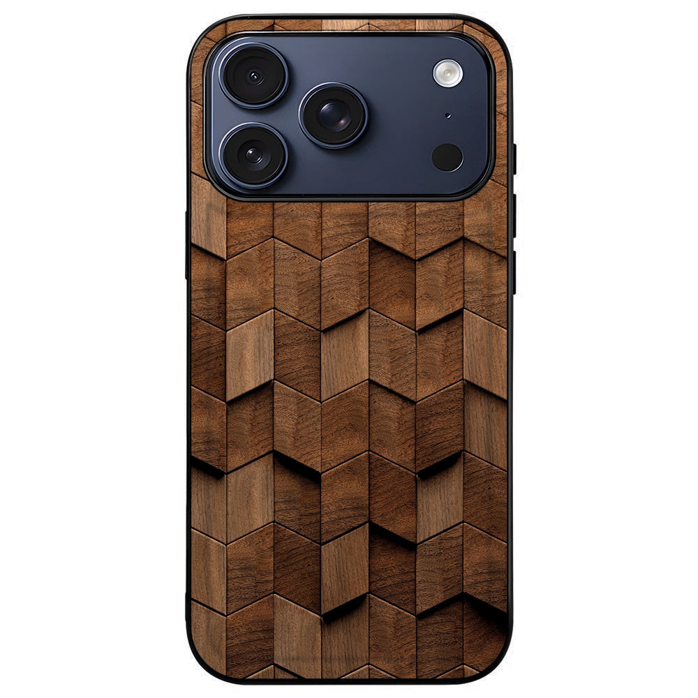 iPhone 18 Pro met Wooden Cubes back cover erom, houtpatroon rond het camera-eiland