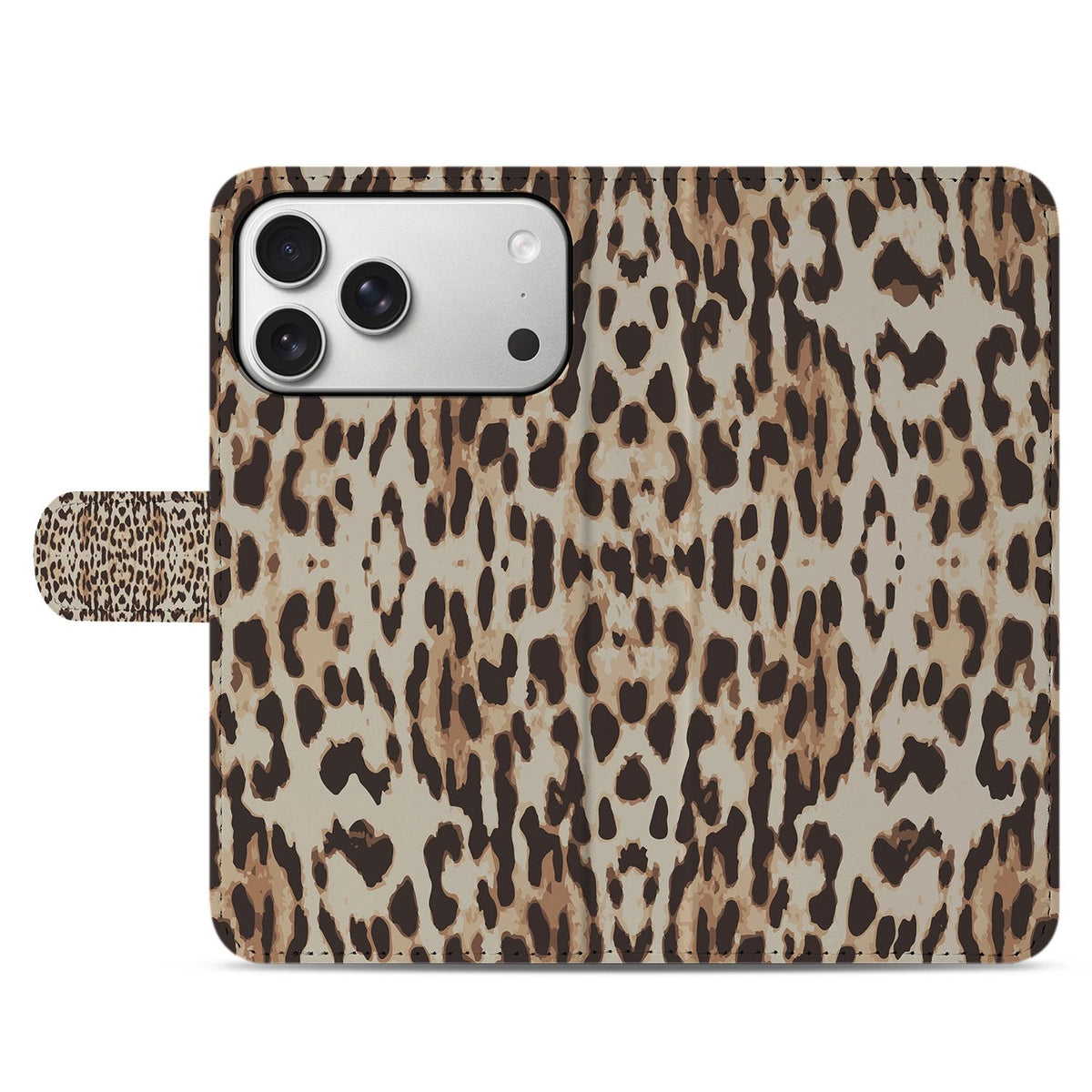 Gesloten voorkant van de Leopard bookcase voor de iPhone 18 Pro