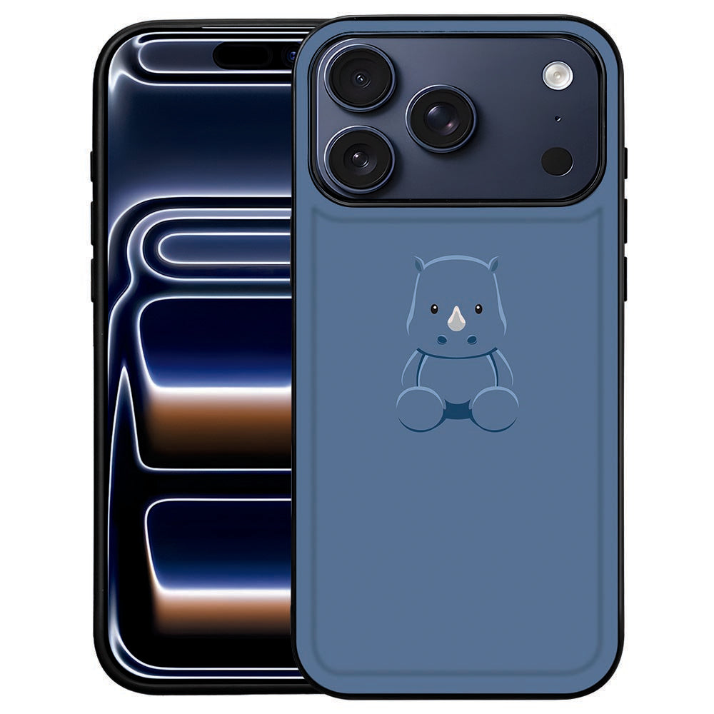 Baby Rhino iPhone 18 Pro Max hoesje van achteren met blauwe neushoorn-illustratie op kunstleer