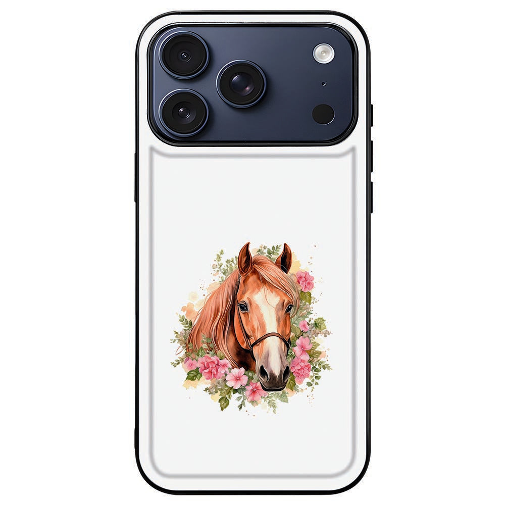 iPhone 18 Pro Max met het Paard hoesje om, paardenprint in een zwart kader