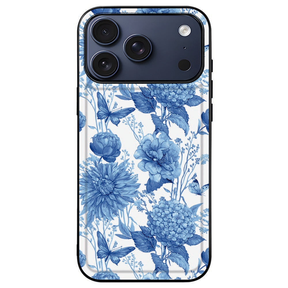 iPhone 18 Pro Max in de Flowers Blue backcover, blauw boeket in een zwart kader