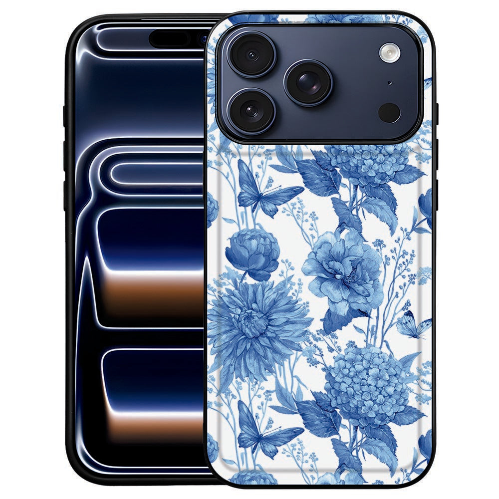 Flowers Blue iPhone 18 Pro Max backcover met blauwe bloemenprint over de hele kunstleren achterkant