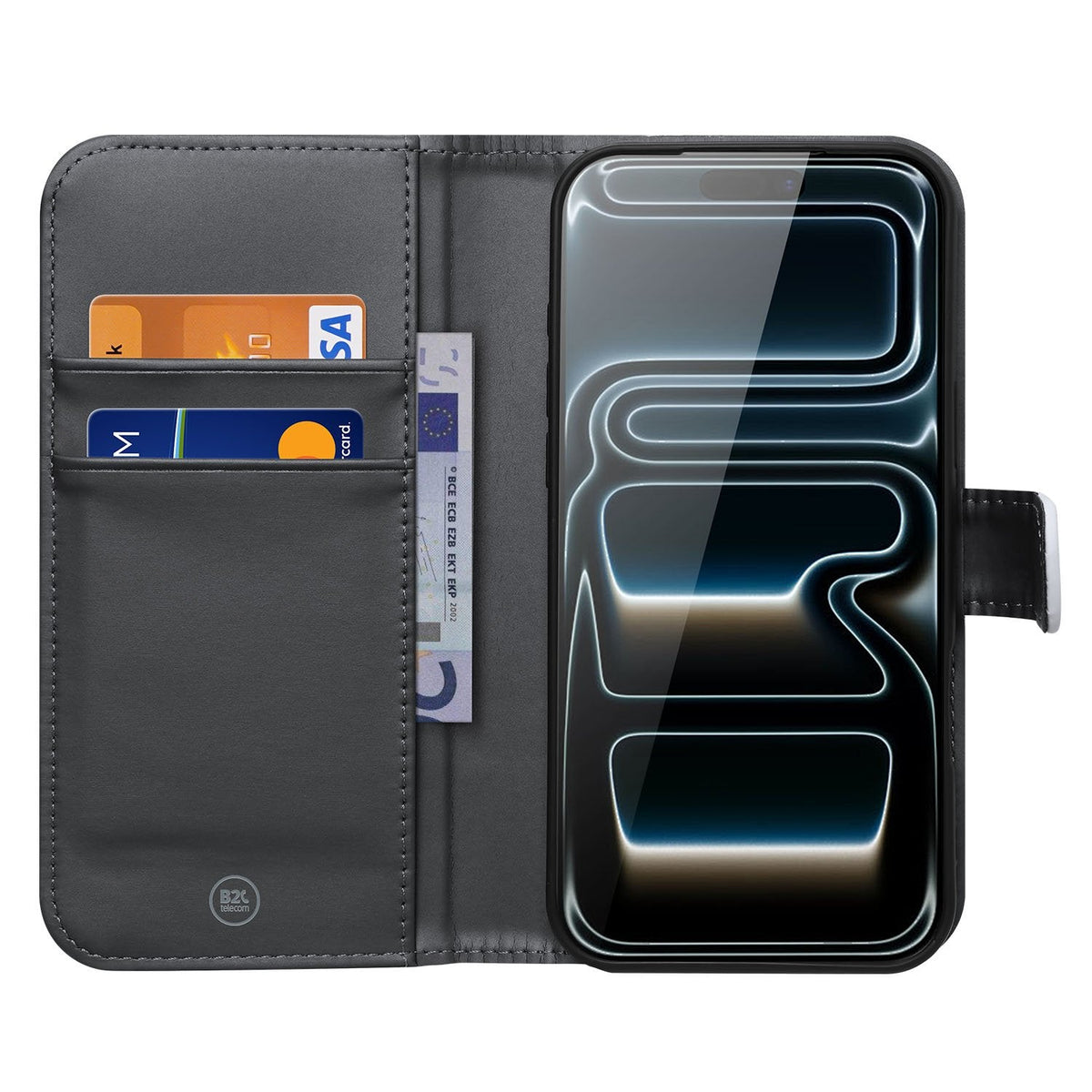 Binnenkant Koe-hoesje iPhone 18 Pro Max: twee pasvakken en een groter vak voor briefgeld