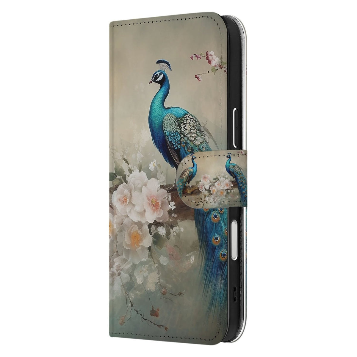Zijkant van het Vintage Pauwen hoesje om de iPhone 18 Pro Max met magneetsluiting