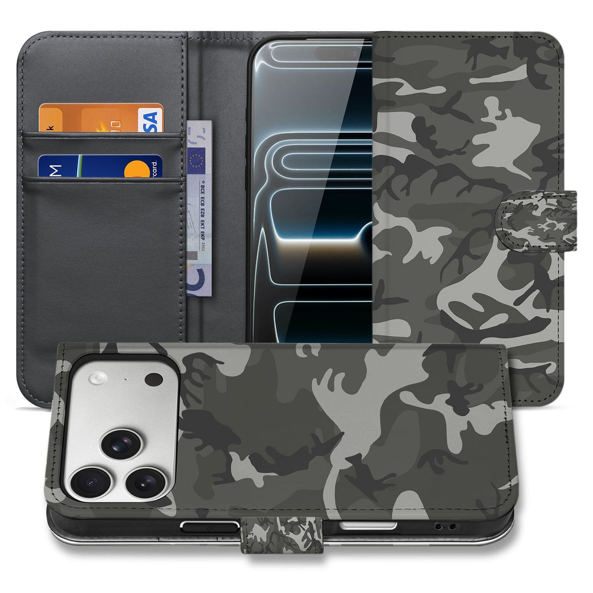 iPhone 18 Pro Max bookcase Army Light, open en gesloten samen in één overzichtsbeeld