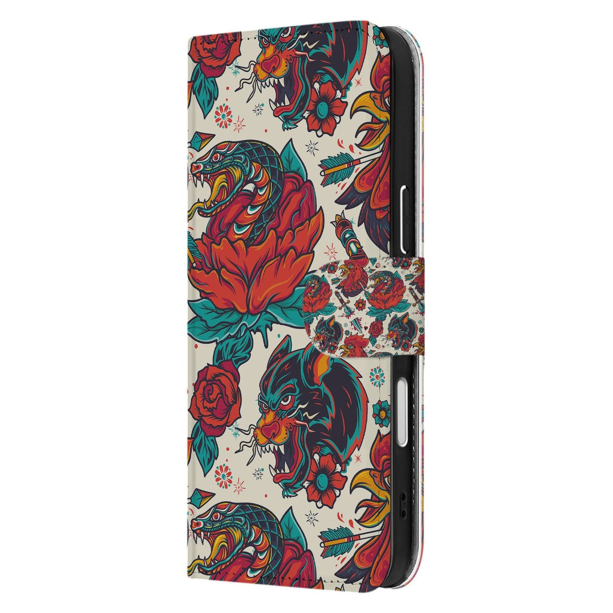 De rug en zijkant van het Old Skool hoesje met een iPhone 18 Pro Max erin geklikt