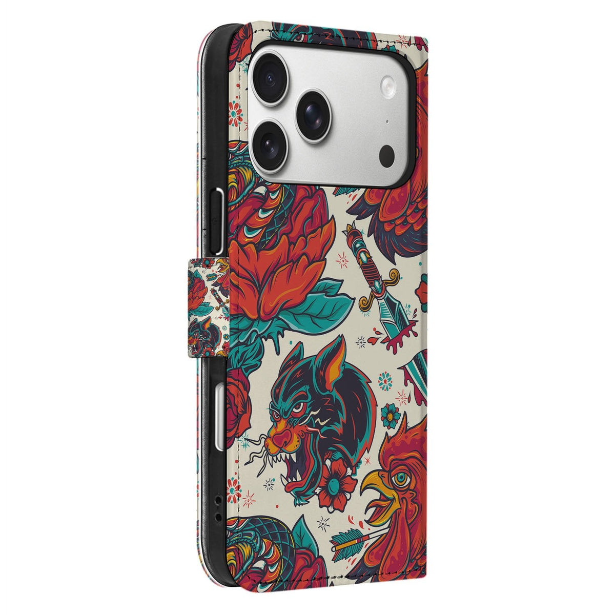 Zijaanzicht iPhone 18 Pro Max met vintage hoesje Old Skool en bedienbare zijknoppen