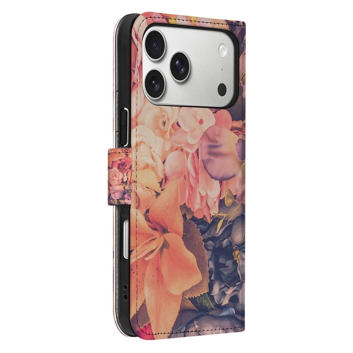 Van opzij: iPhone 18 Pro Max in kunstleren hoesje Bosje Bloemen met magnetische sluitlip