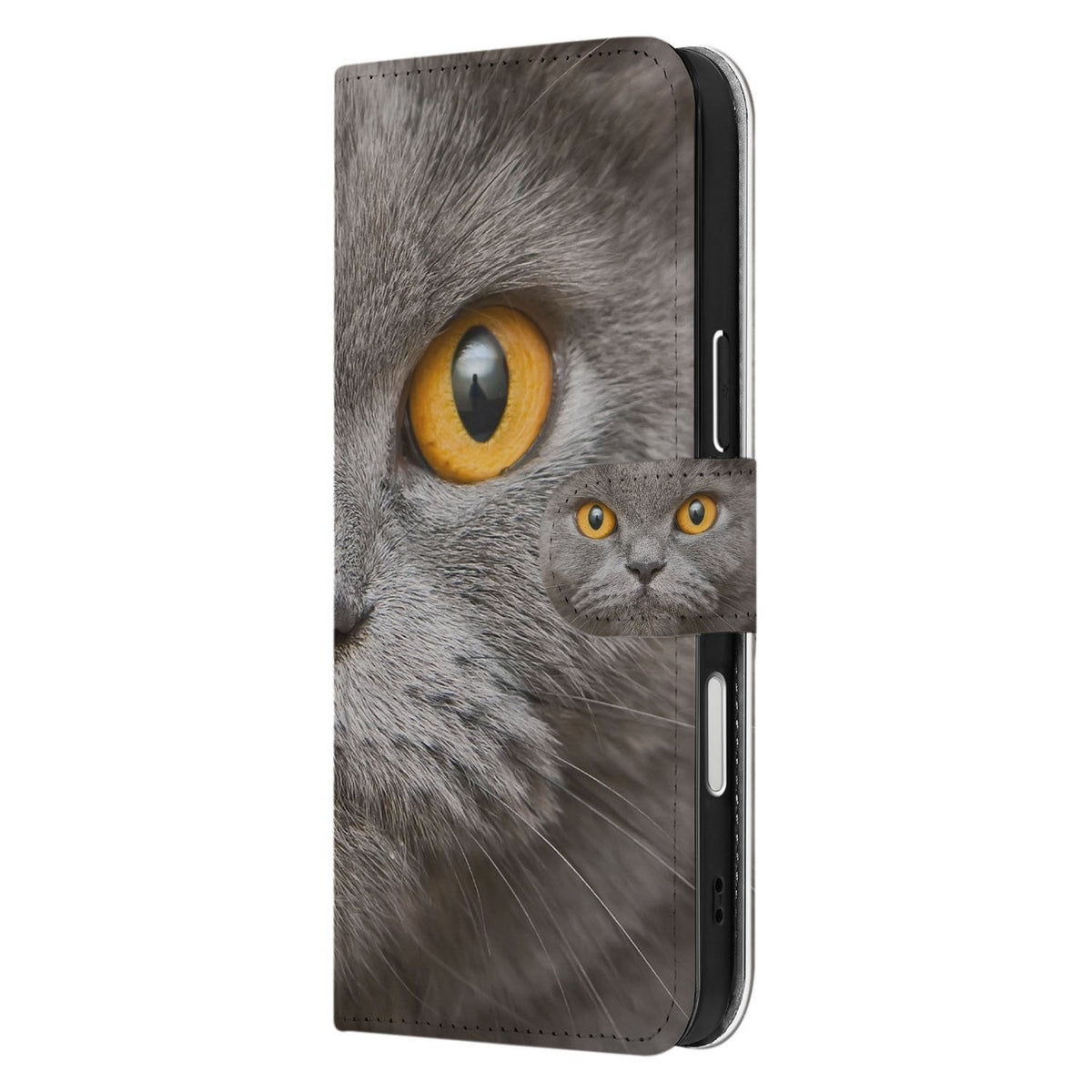 Zijkant van de iPhone 18 Pro Max bookcase Britse Korthaar met de print op de smalle rug