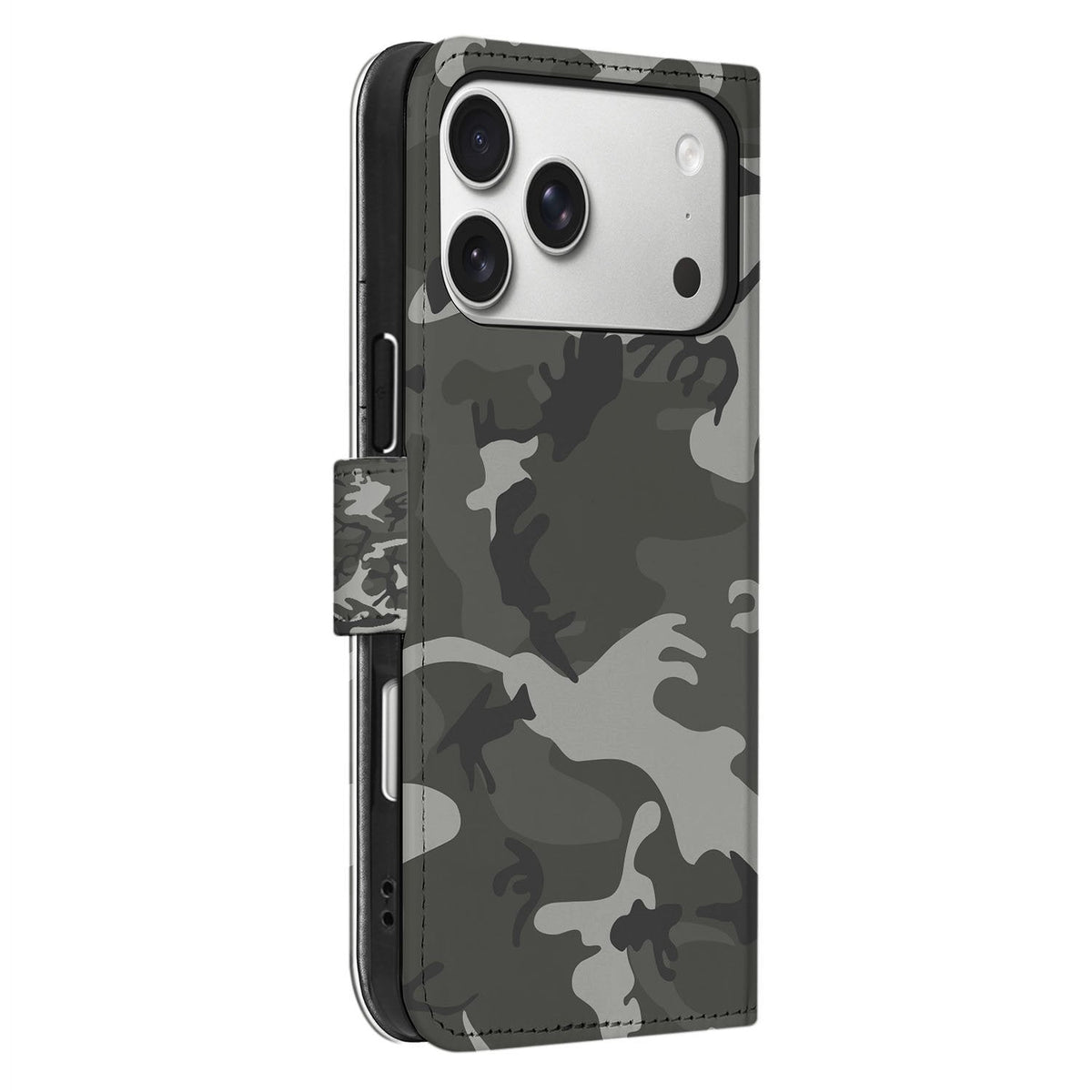 Army Light zijaanzicht met stiksel langs de rand van het iPhone 18 Pro Max hoesje